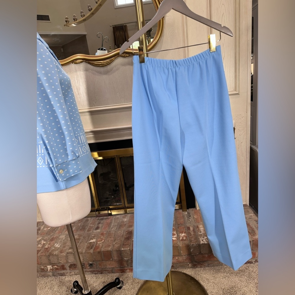 VTG 70s Bodin Knits Blue Mod Pantsuit Setβ Top Pants Geometric M Disco - Picture 6 of 10